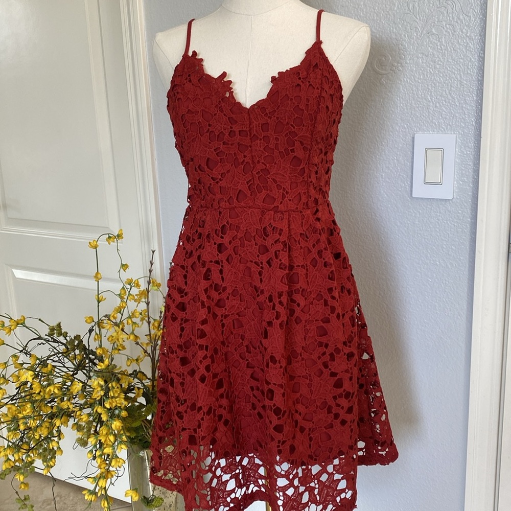 Astr Red Crochet Lace Mini Dress